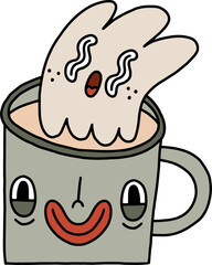 Retro Autumn cozy pumpkin spice hot drink character. Cartoon coffee cup doodle , png. 70s line art old animation style. Vintage comic avatar. Isolated - 647406688
