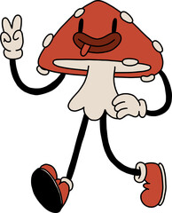Retro Autumn red mushroom cartoon doodle element, png. Trippy shroom graphic mascot. 70s line art old animation style. Vintage comic avatar. Isolated - 647406692