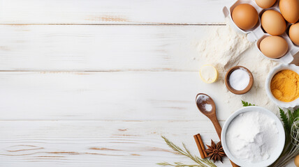 baking background. ingredients for cooking on white wooden board. top view, flat lay - obrazy, fototapety, plakaty