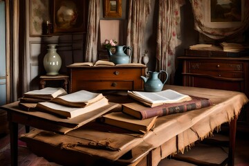 an old wooden table covered with torn tablecloth with a stack of books on it - AI Generative