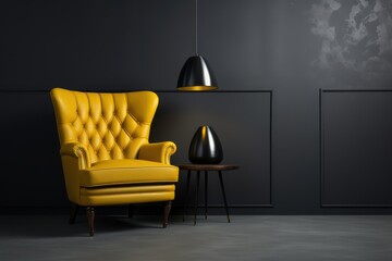 Dark room with yellow armchair on black wall background.