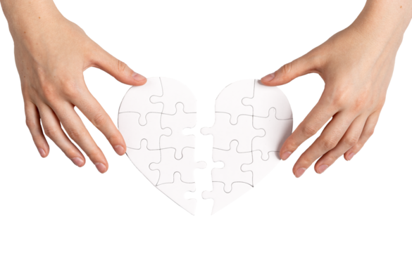 Hands matching two parts of puzzle heart, isolated on white - Powered by Adobe