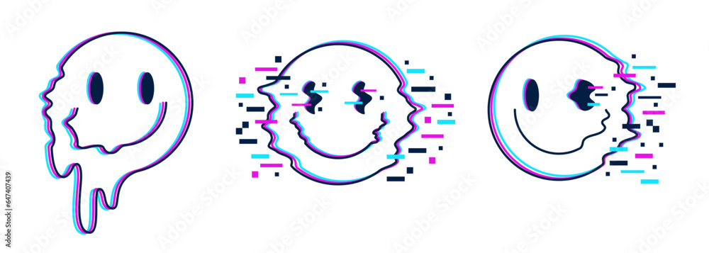 Aufkleber set of trippy distorted smiles with glitch effect. smiling faces with optical illusion of melting an