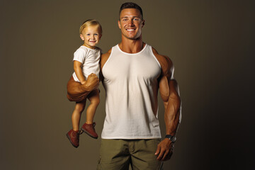 Inspirational muscular dad expertly demonstrates yoga poses with baby in arms on plain studio backdrop, portraying balance, love and parenting commitment. - obrazy, fototapety, plakaty