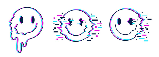 Set of trippy distorted smiles with glitch effect. Smiling faces with optical illusion of melting and digital pixel decay. Acid rave, 90s design. Vector illustration