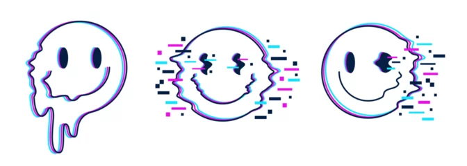Set of trippy distorted smiles with glitch effect. Smiling faces with optical illusion of melting and digital pixel decay. Acid rave, 90s design. Vector illustration © Olga