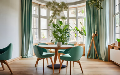 Fototapeta na wymiar Round wooden dining table and chairs against window. interior design of modern living room. Created with Generative Ai