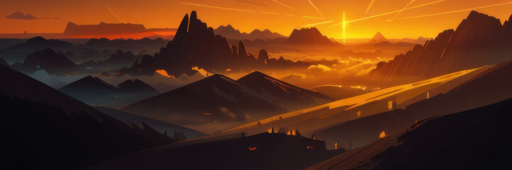 Warm sunset over a mountain valley, Generative AI
