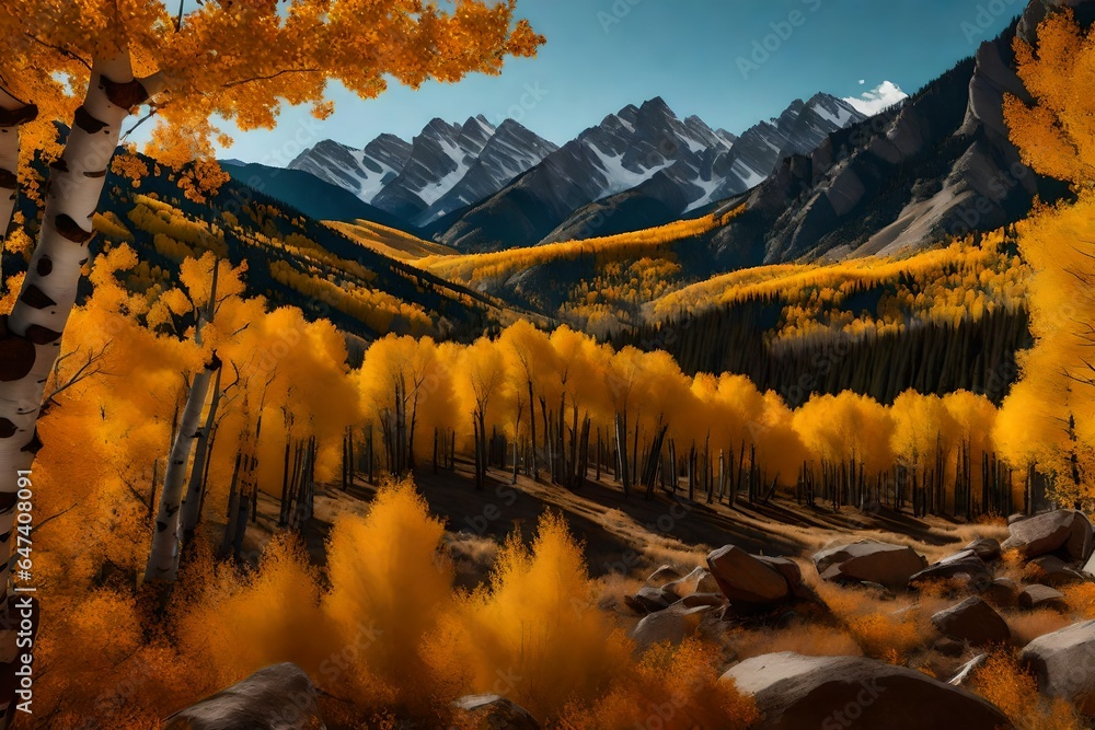 Poster an ultra-realistic image capturing a panoramic view of the rocky mountains in colorado during the fa
