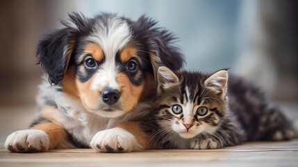 Adorable puppy and kitten lying together in a loving embrace