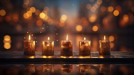 A beautiful row of lit gold-brown candles on a board on the water. Day of the dead and special occasion concept.