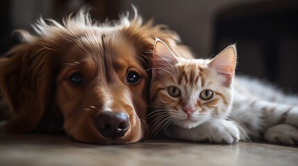 Adorable puppy and kitten lying together in a loving embrace