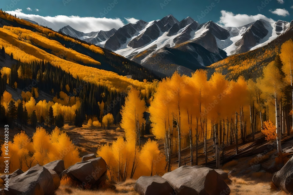 Aufkleber an ultra-realistic image capturing a panoramic view of the rocky mountains in colorado during the fa