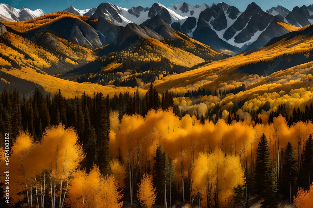 Poster an ultra-realistic image capturing a panoramic view of the rocky mountains in colorado during the fa