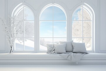 Simplistic white room with picturesque window scene. Nordic style. 3D design. Generative AI