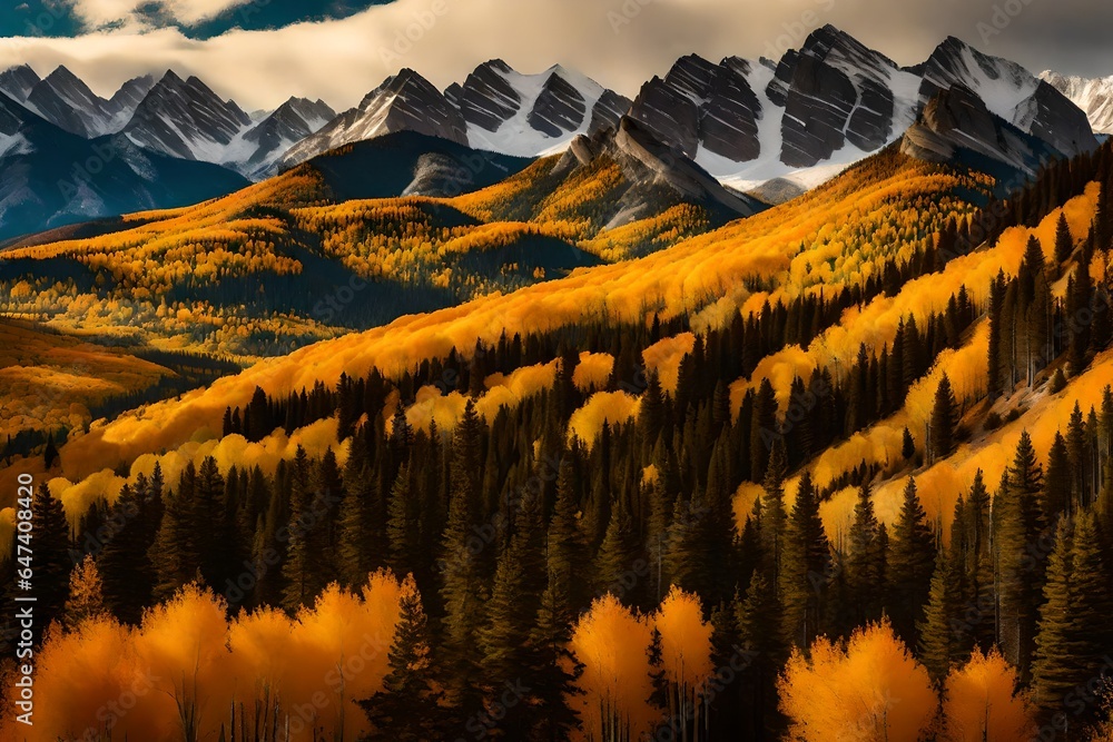 Poster an ultra-realistic image capturing a panoramic view of the rocky mountains in colorado during the fa