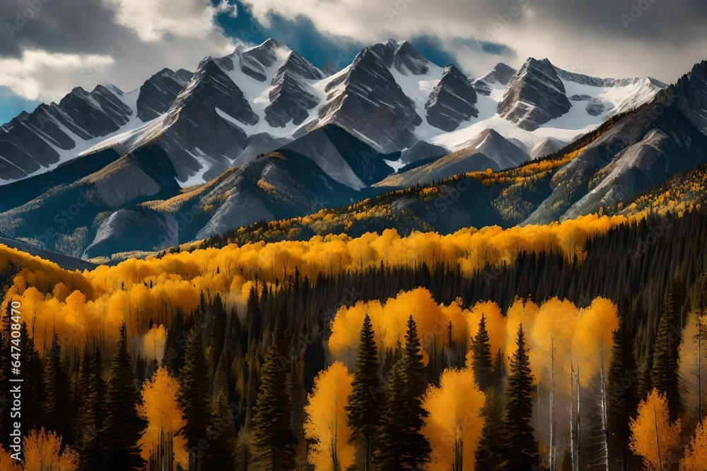 Poster an ultra-realistic image capturing a panoramic view of the rocky mountains in colorado during the fa