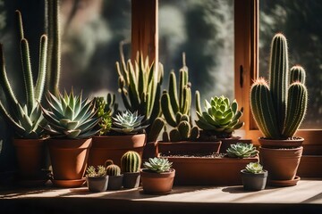 an ultra-realistic still life composition of a sunlit windowsill with a collection of potted succulents and cacti - AI Generative