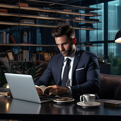 The dedicated businessman is seated in his office, fully immersed in his work. His spacious desk is meticulously organized, with essential tools and provisions to enhance productivity. Generative AI.