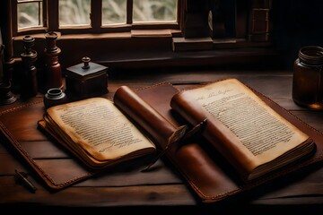 an ultra-realistic still life image of a well-worn leather journal open to a handwritten page filled with expressive, flowing script - AI Generative - obrazy, fototapety, plakaty