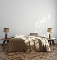 Home mockup, minimalist simple bedroom interior, wall mockup, 3d render