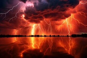 A red lightning storm illuminates the sky in a mesmerizing natural phenomena. Generative AI