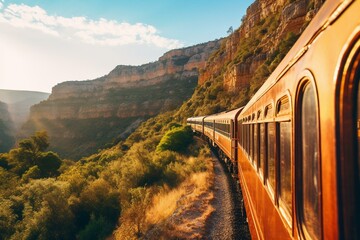 Train journey through the stunning landscapes of Chihuahua's Copper Canyons. Generative AI