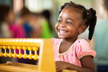 Black girl playing merrily with educational toy - Powered by Adobe
