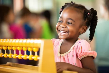 Foto op Canvas Black girl playing merrily with educational toy © Anatolii