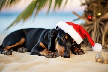 dog in Santa hat on the beach, Christmas and Happy New Year concept