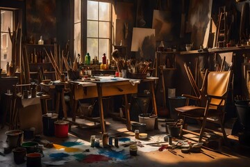 still life image of a cluttered artist's studio, with paint-splattered palettes, a worn-out leather chair, and an array of brushes, tubes of paint, and unfinished canvases - AI Generative