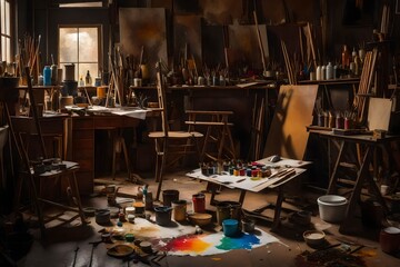 still life image of a cluttered artist's studio, with paint-splattered palettes, a worn-out leather chair, and an array of brushes, tubes of paint, and unfinished canvases - AI Generative