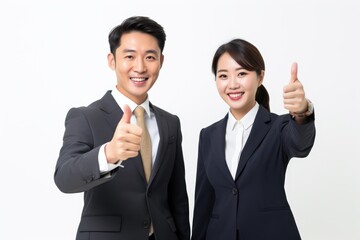 Asian businesswoman and businessman pointing thumbs up