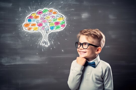 smiling little boy with glasses standing near chackboard
