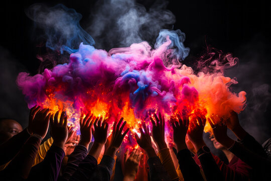 Vibrantly multicultural, myriad hands hold colorful smoke flares against plain backdrop, creating a dazzling spectacle of unity and individual creativity.