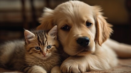 Adorable puppy and kitten lying together in a loving embrace