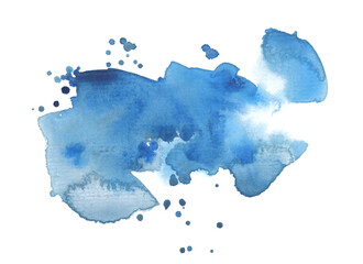 Ink watercolor hand drawn drops blot. Wet blue color paper texture stain on white background.