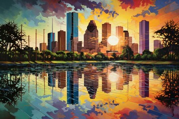 Colorful depiction of Houston's cityscape reflected in water. Generative AI
