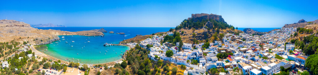 Panoramic view of Lindos village and Acropolis, Rhodes, Greece - 647411466