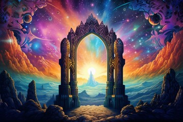 A surreal landscape with neon celestial shapes, a stone archway, mountains, and a galaxy. Psychedelic and trippy. Generative AI - obrazy, fototapety, plakaty