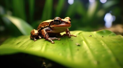 Obraz premium Frog on taro leaves with a lake with a darker appearance