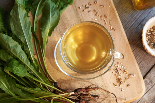 A cup of dandelion root tea, top view