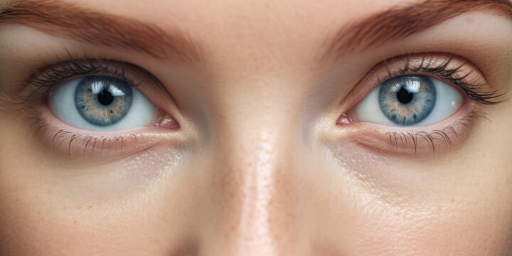 Young beautiful woman with blue eyes, closeup detail to her face, both iris visible. Generative AI
