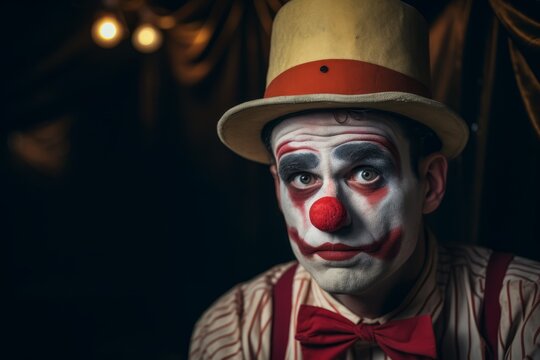 Sad clown exhausted circus jester joker emotions unhappy depressed performer carnival adult man sadness depression melancholic face expression make-up worried person costume dressed actor backstage