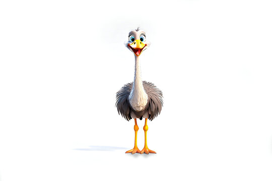 3D animation character style happy smiling ostrich standing portrait on an isolated empty white background - Generative AI