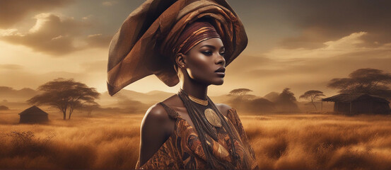 A beautiful African woman in a national costume against the background of African nature. Generative AI. - obrazy, fototapety, plakaty