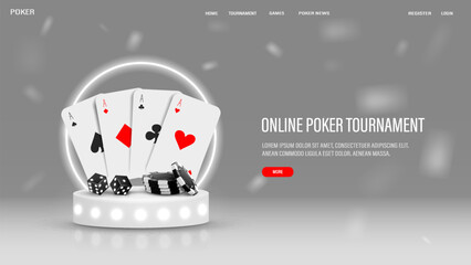 Poker cards with black dice chips on a podium with a neon frame on a white background. A web banner on the casino theme.