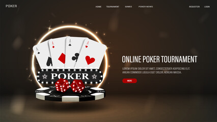 A web banner with poker cards, dice and a chip with a neon gold round frame on a dark background. A concept for a casino with text. - obrazy, fototapety, plakaty
