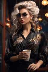 Business woman drinks coffee in the office or bar, beautiful student girl with model appearance. AI generation