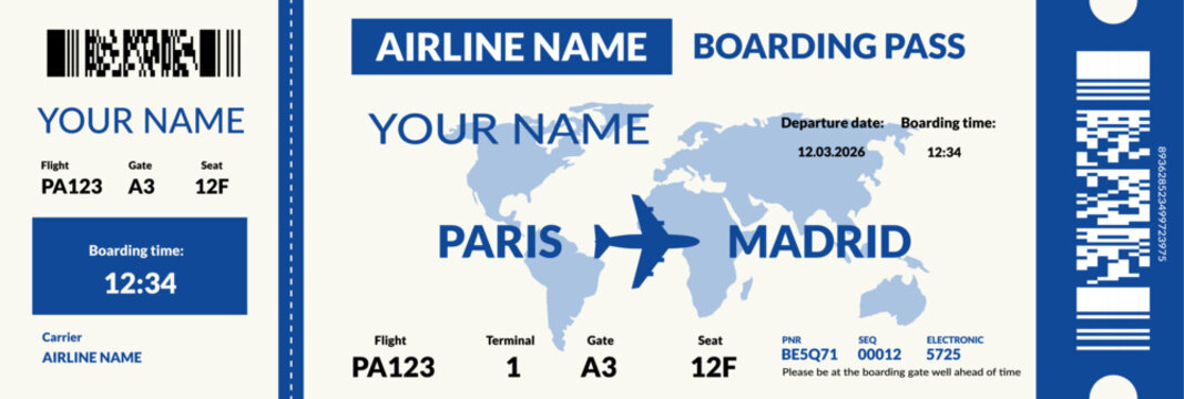 Airplane flight boarding pass template. Airlines ticket mock up. Vector illustration.